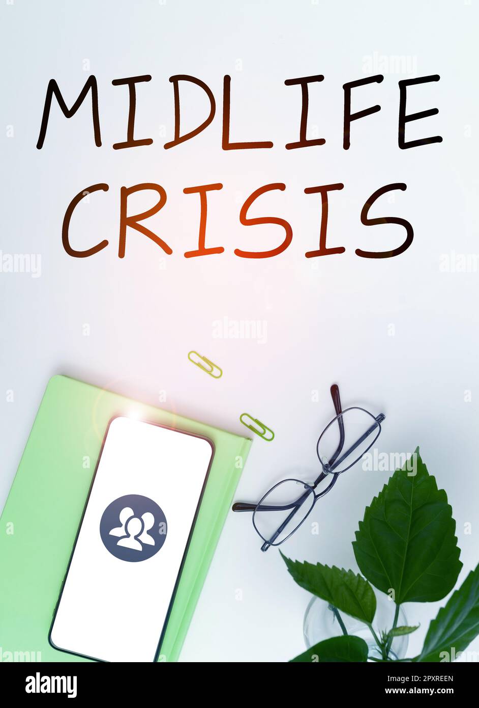 Writing displaying text Midlife Crisis, Word for Software development technique Decomposing an application Stock Photo