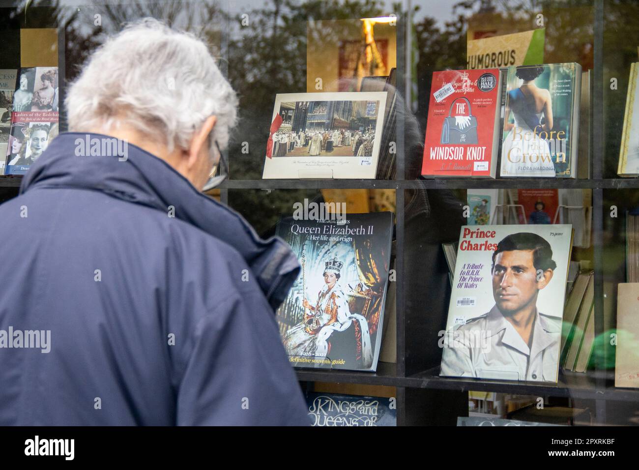 West London, UK. 02nd May, 2023. The display in most London bookshops showcases books featuring King Charles III and the late Queen. Credit: Sinai Noor/Alamy Live News Stock Photo