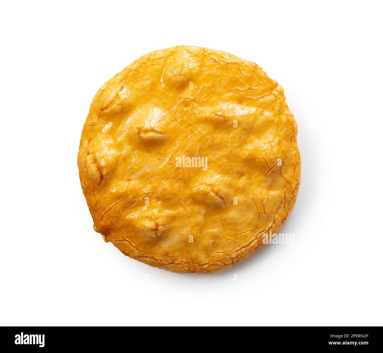 A rice cracker placed on a white background. Viewed from above. Stock Photo
