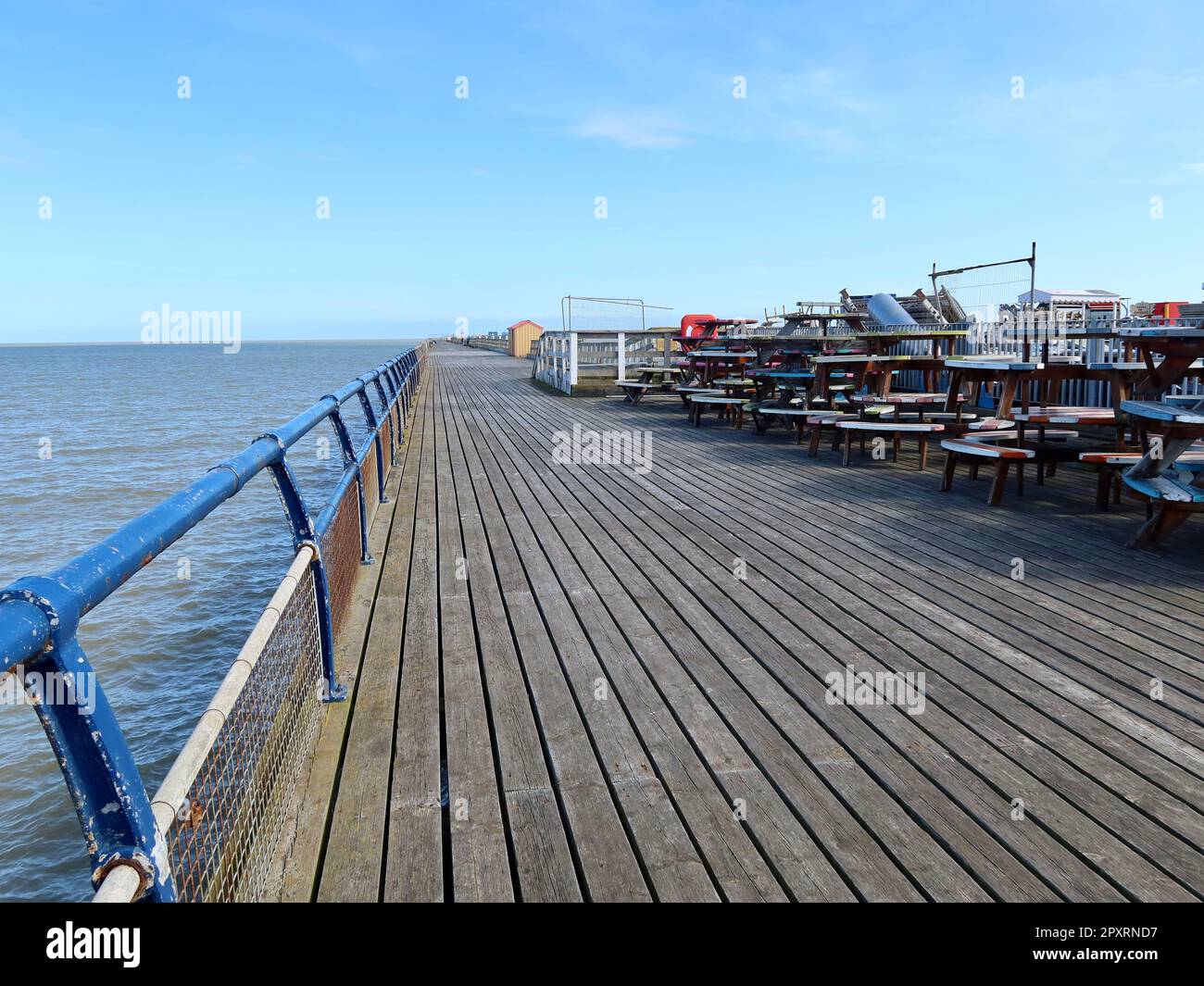 Walton on the Naze, Essex, UK, 2 May 2023 Empty pier stretches into