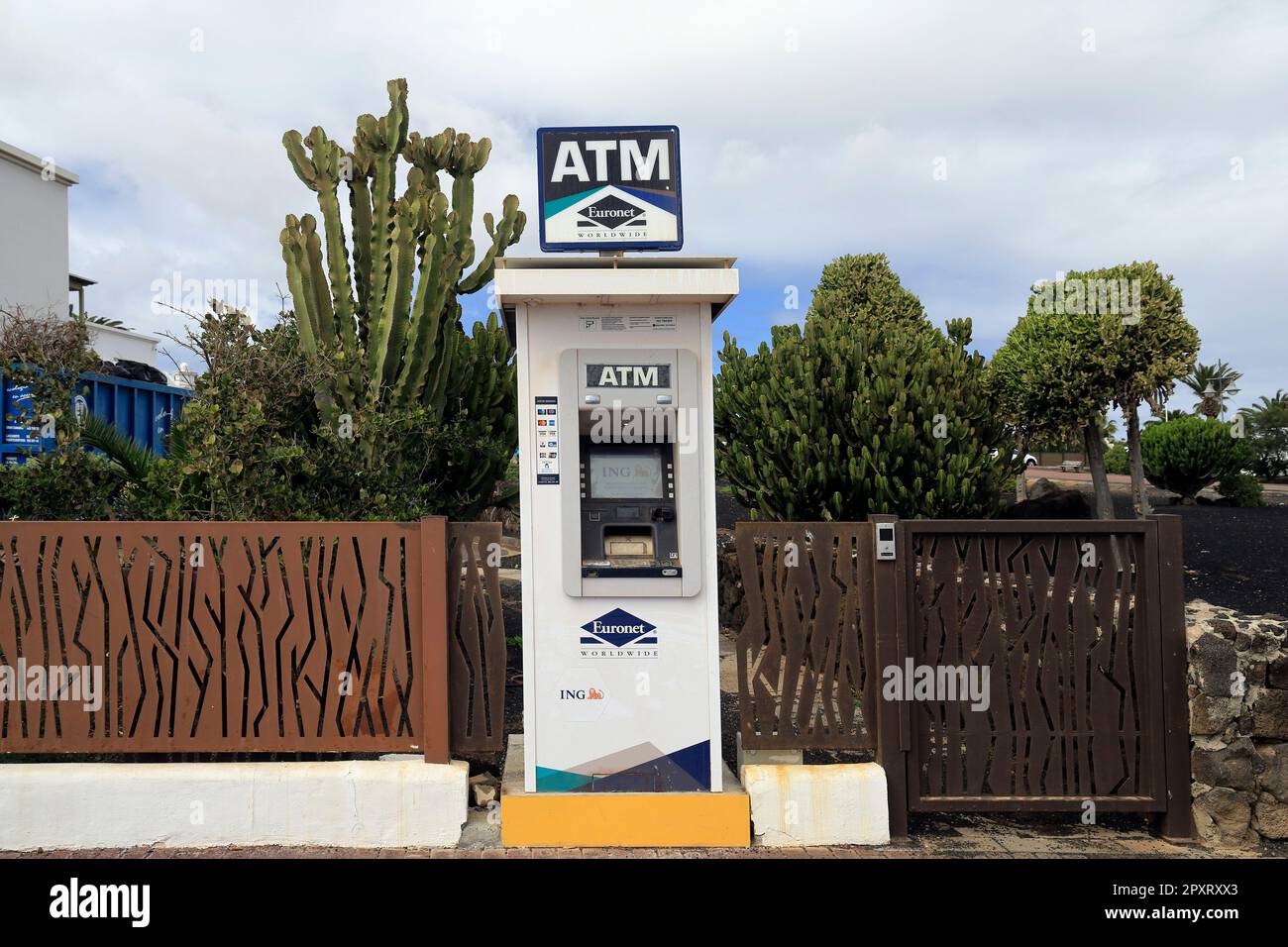 Outdoor, attractively situated ATM cash withdrawal banking machine, Playa Blanca, Lanzarote Taken February 2023 Stock Photo