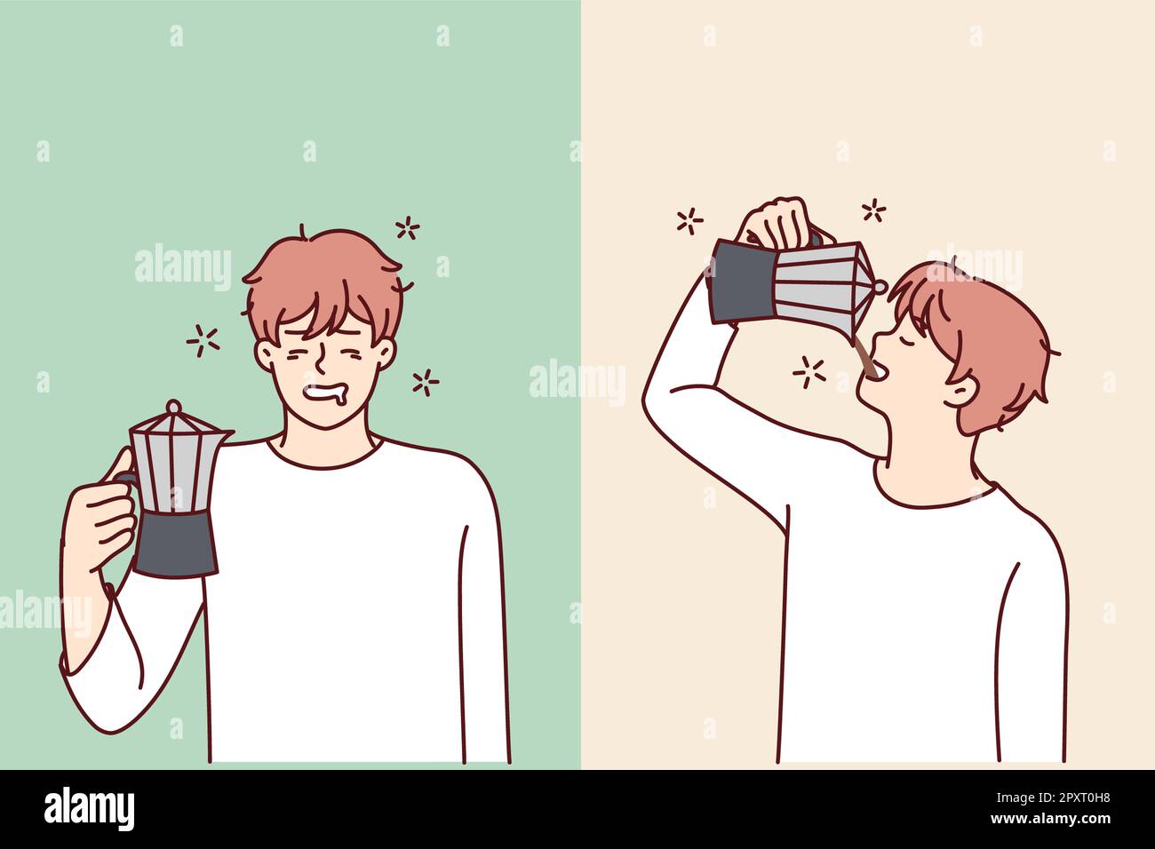 Tired man feels relieved and cheerful while drinking coffee from jug