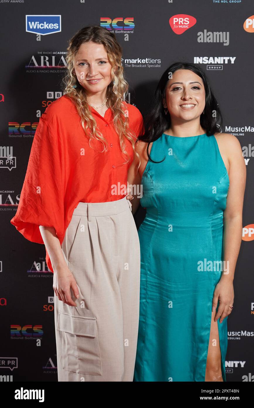 Mathilda Mallinson (left) and Helena Wadia attending the ARIAS - Audio and Radio Industry Awards, at the Theatre Royal Drury Lane, London. Picture date: Tuesday May 2, 2023. Stock Photo