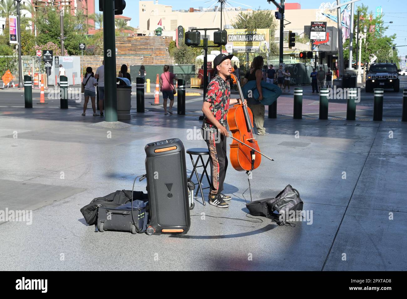 A Cello player at Fremont Street in Las Vegas. Stock Photo