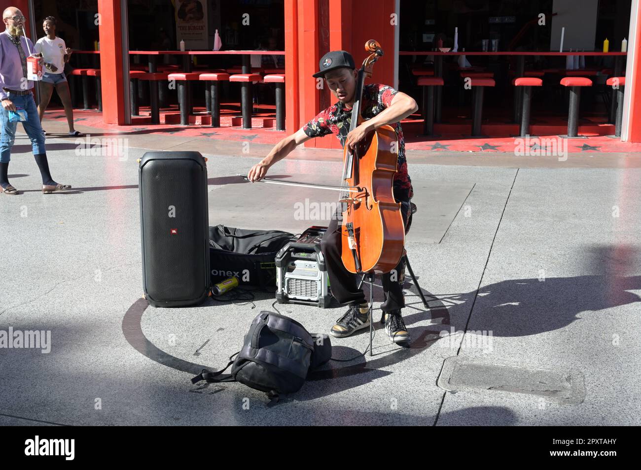 A Cello player at Fremont Street in Las Vegas. Stock Photo