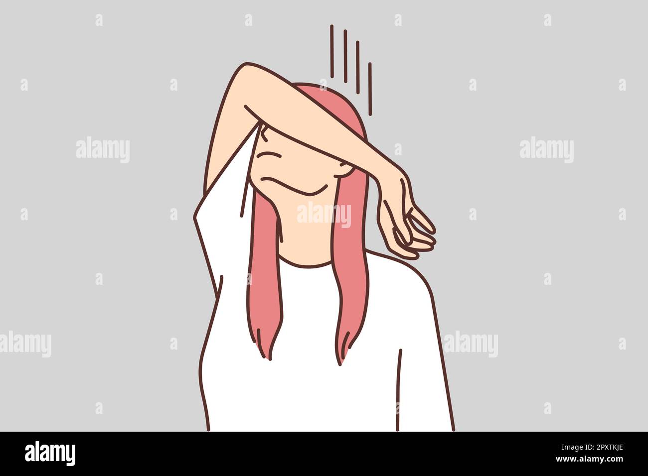 Unhappy young woman feel depressed hide face in hand. Upset girl suffer from anxiety or psychological problems hiding from people. Vector illustration Stock Photo