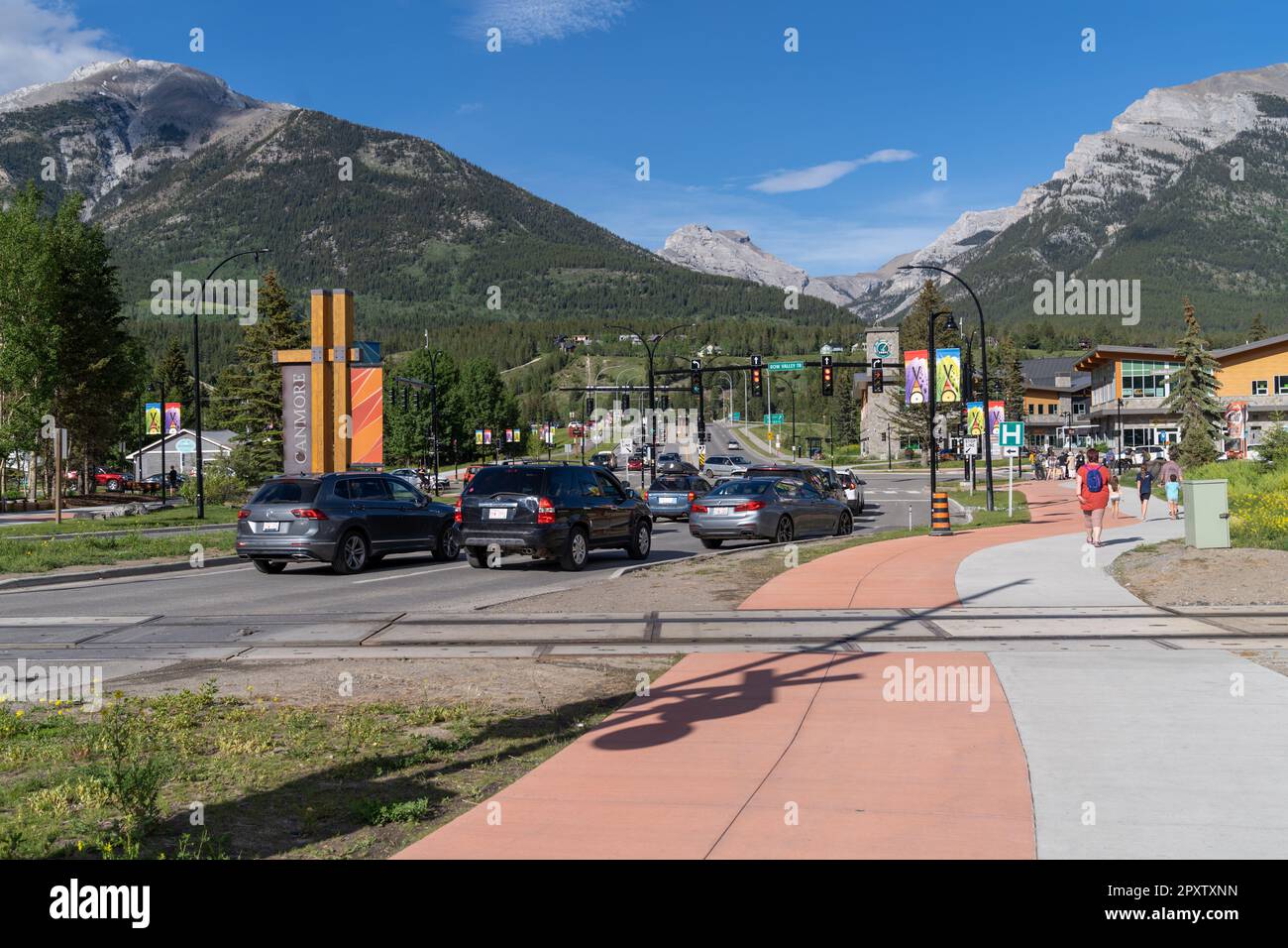 Canmore, Alberta, Canada July 7, 2022 Busy intersection with cars