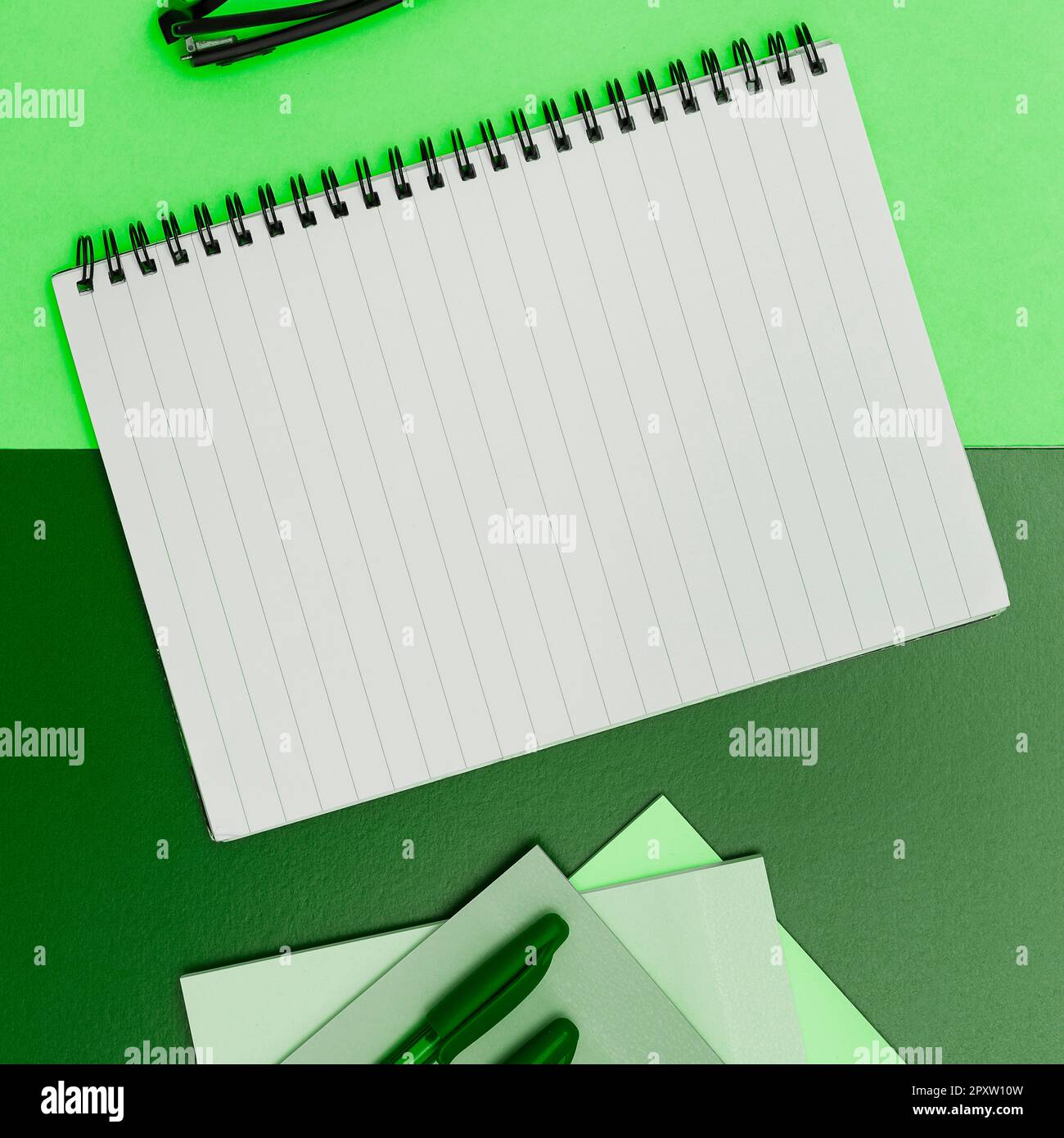Image with school supplies, stickers, notebooks Important message Stock Photo