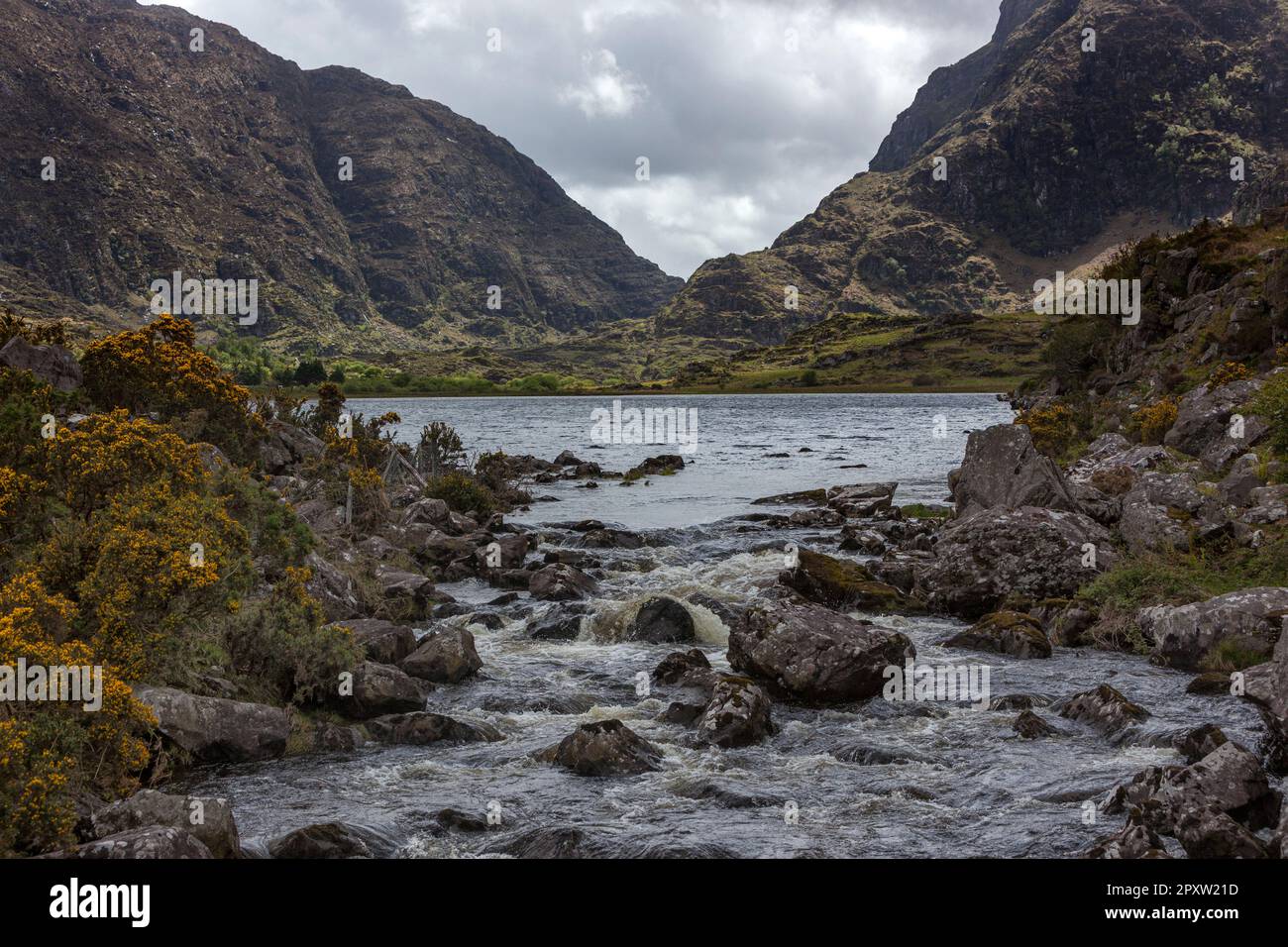 River Loe in Gap of Dunloe mountain pass separating the MacGillycuddy