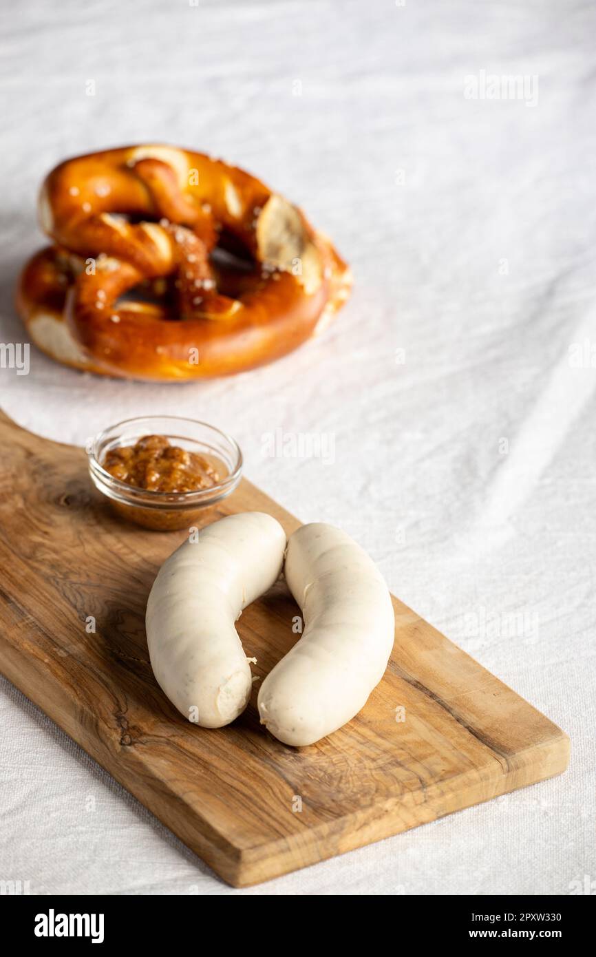 Bavarian White Sausages With Pretzel Stock Photo
