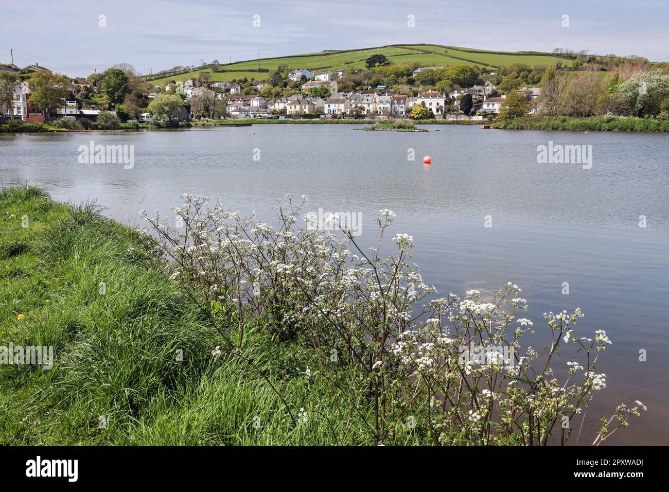 Millbrook seen over the Millbrook Lake in south east Cornwall Stock