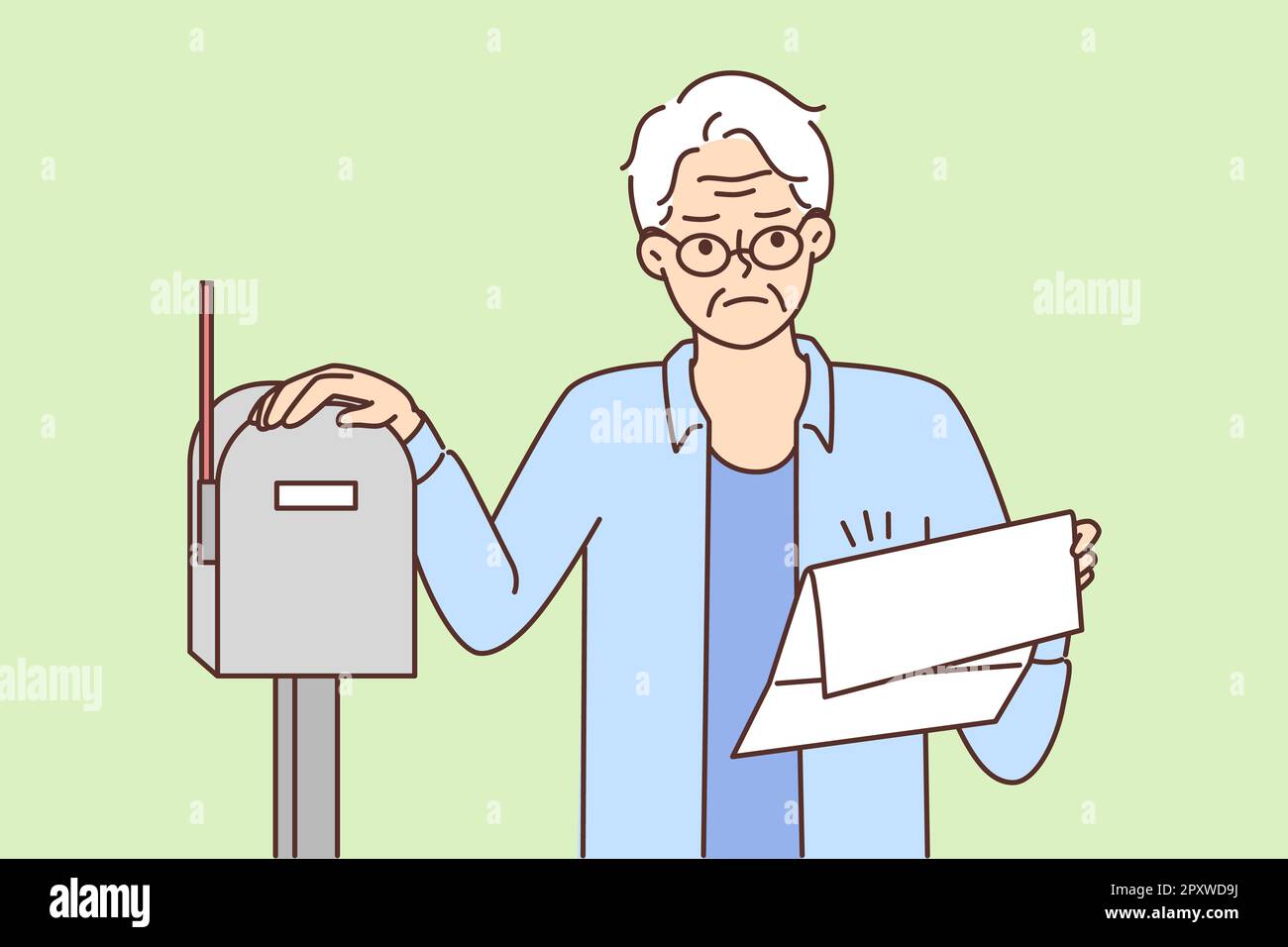 Unhappy mature man check mailbox dissatisfied with bad news in letter