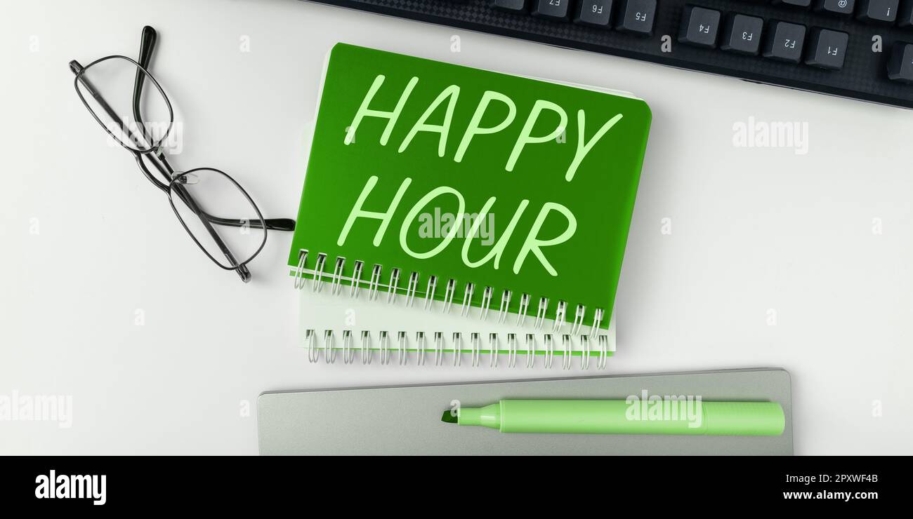 Text caption presenting Happy Hour, Internet Concept Spending time for activities that makes you relax for a while Stock Photo
