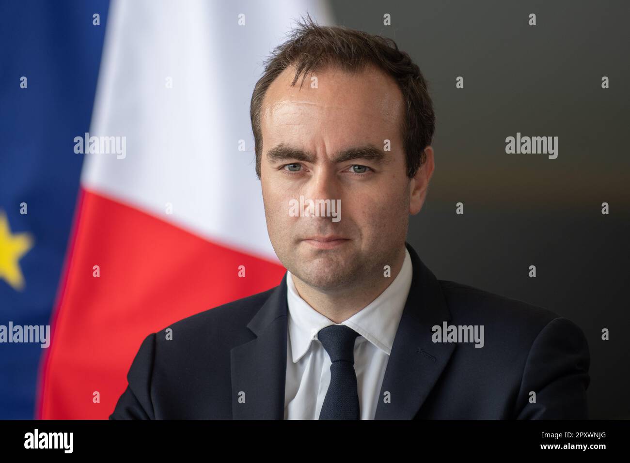 Istres, France. 28th Apr, 2023. Portrait of Minister Sebastien Lecornu during his visit