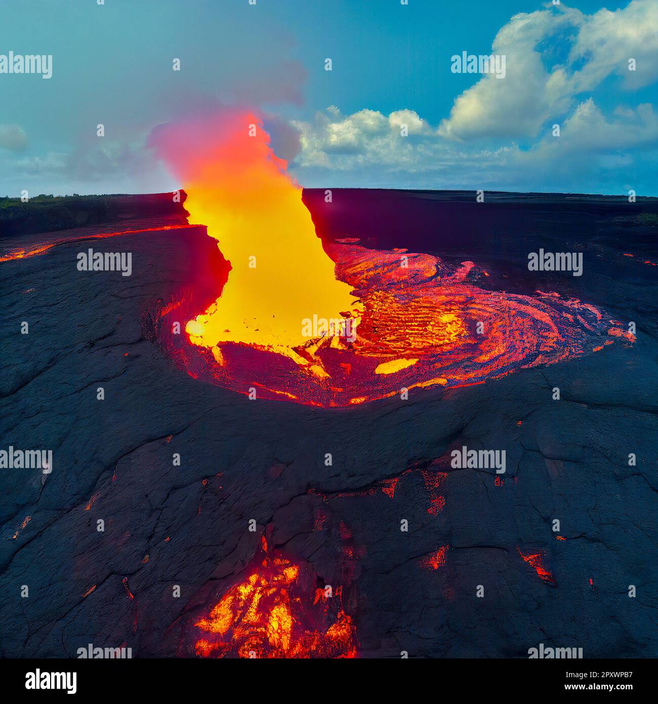 Volcano Landscape with Boiling Lava and Solidified Igneous Rock Stock