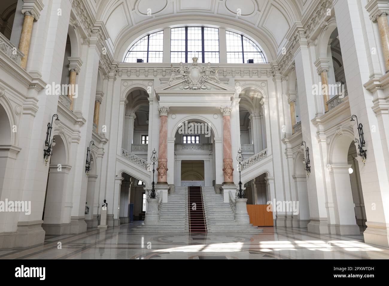 Bucharest, Romania - May 2, 2023: Interior of Romanian Court of Appeal palace. Stock Photo