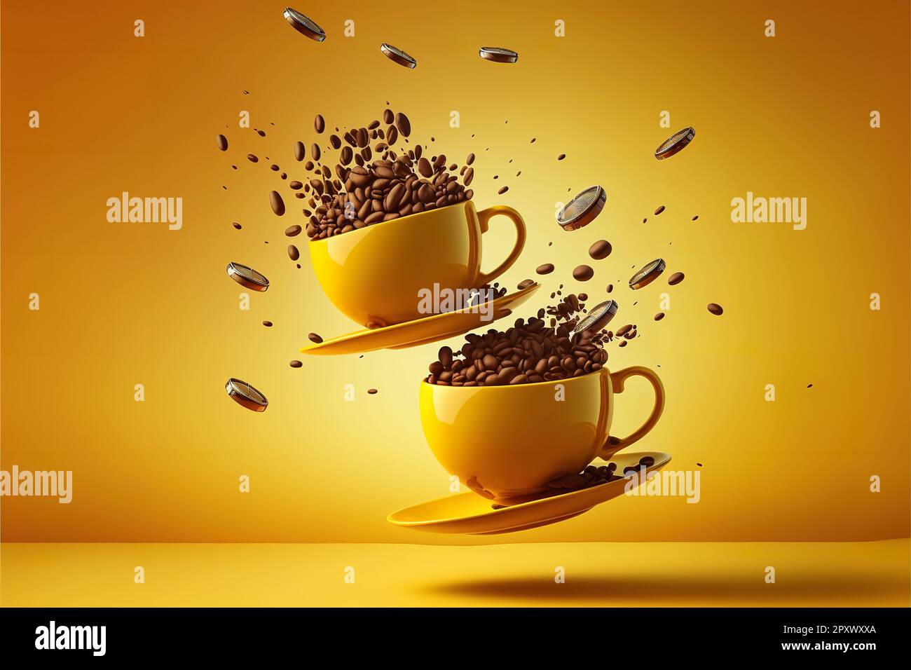 Yellow coffee cups and roasted coffee beans flying on a yellow