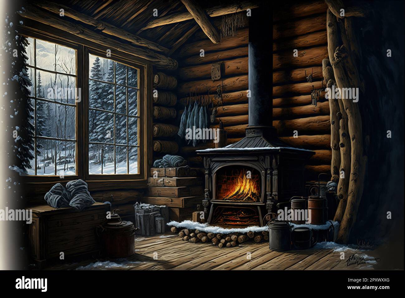 cabin interior, Winter, fireplace Stock Photo Alamy