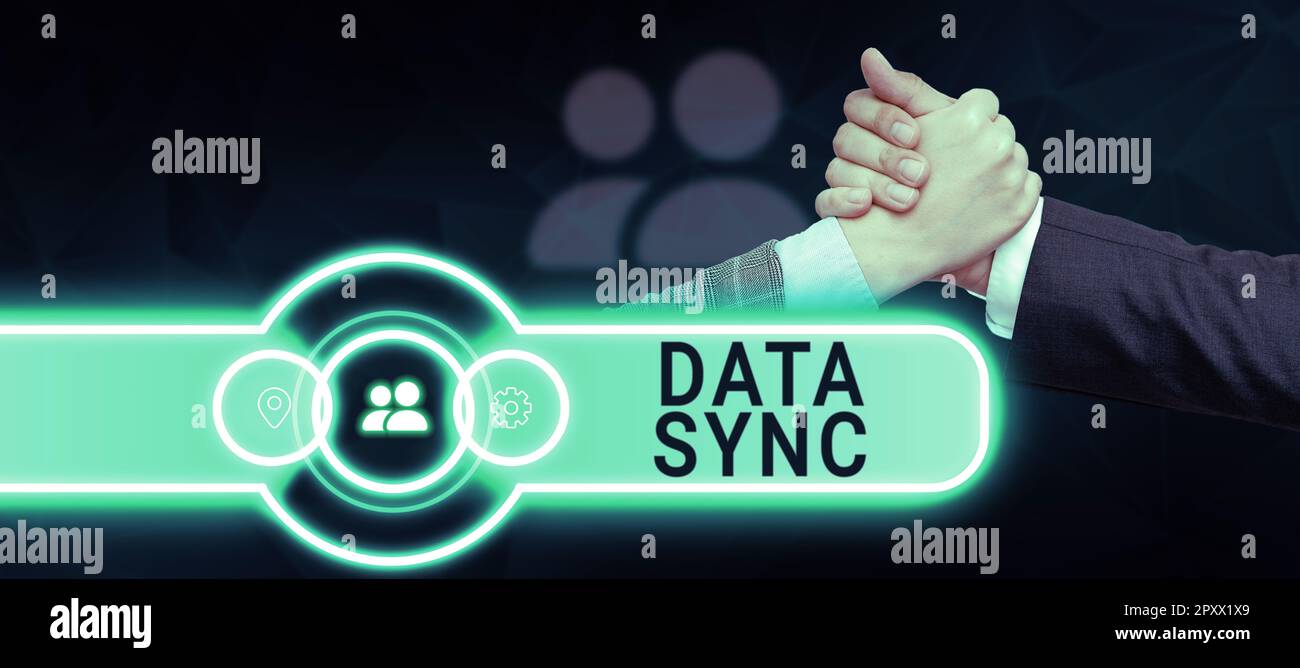 Handwriting text Data Sync, Concept meaning data that is continuously generated by different sources Stock Photo