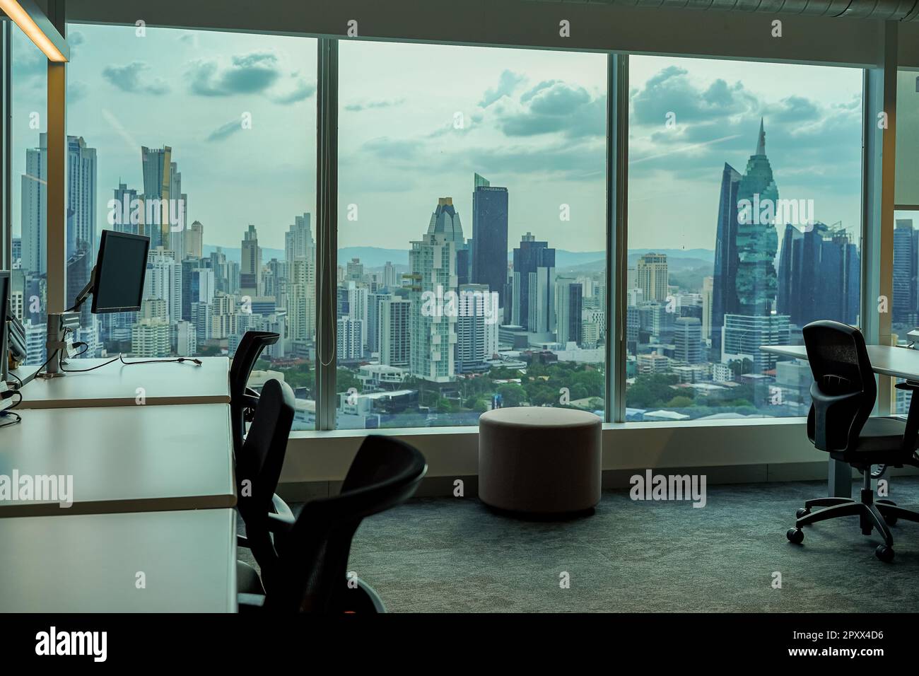 View of a Corporate working space, offices with a window view in building in the city of Panama Stock Photo