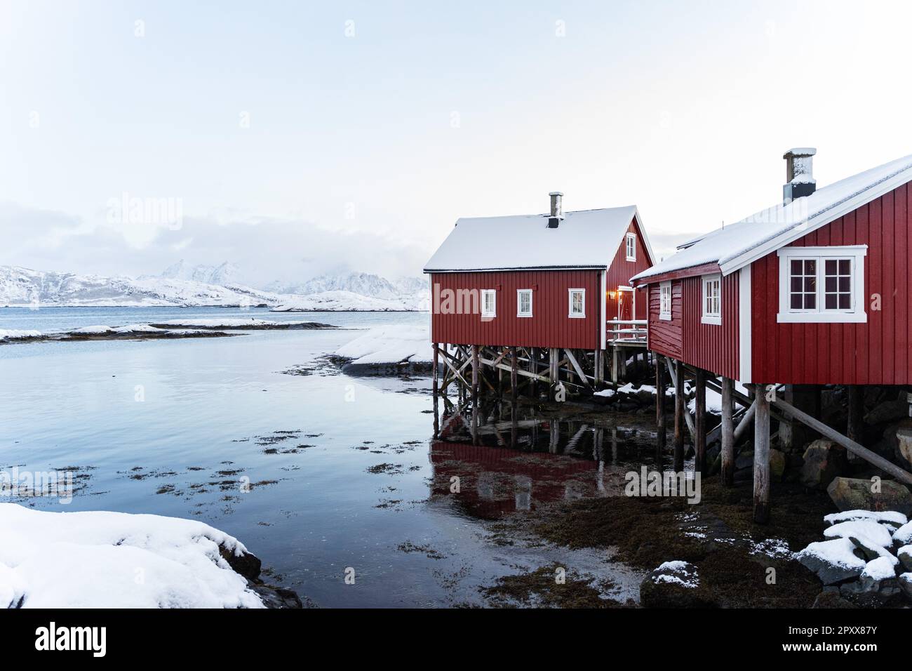 rorbuer in Svolvaer during the winter Stock Photo