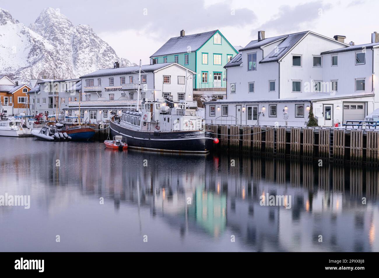 Winterscape of Henningsvaer in january Stock Photo