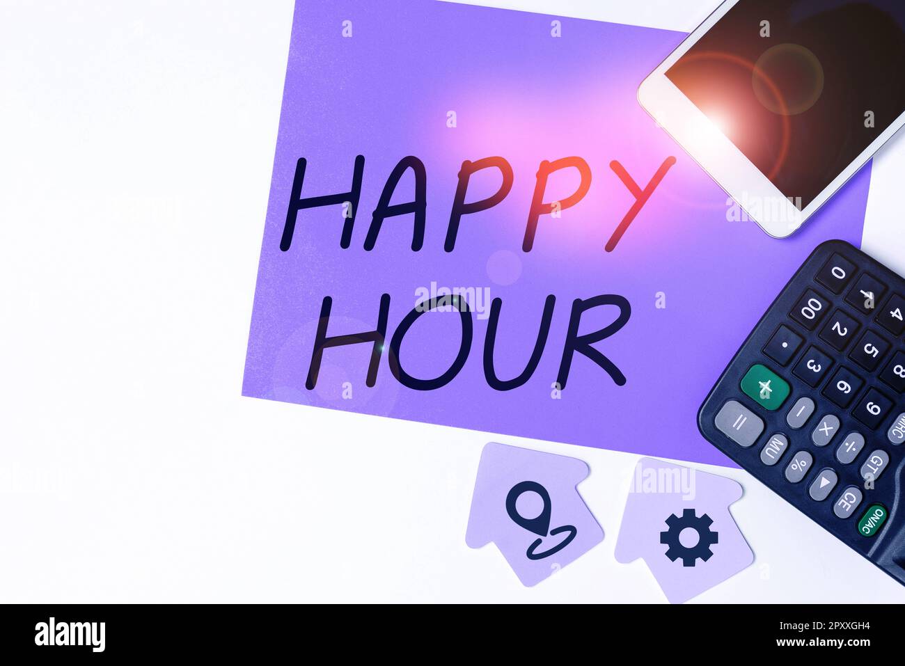 Hand writing sign Happy Hour, Word Written on Spending time for activities that makes you relax for a while Stock Photo
