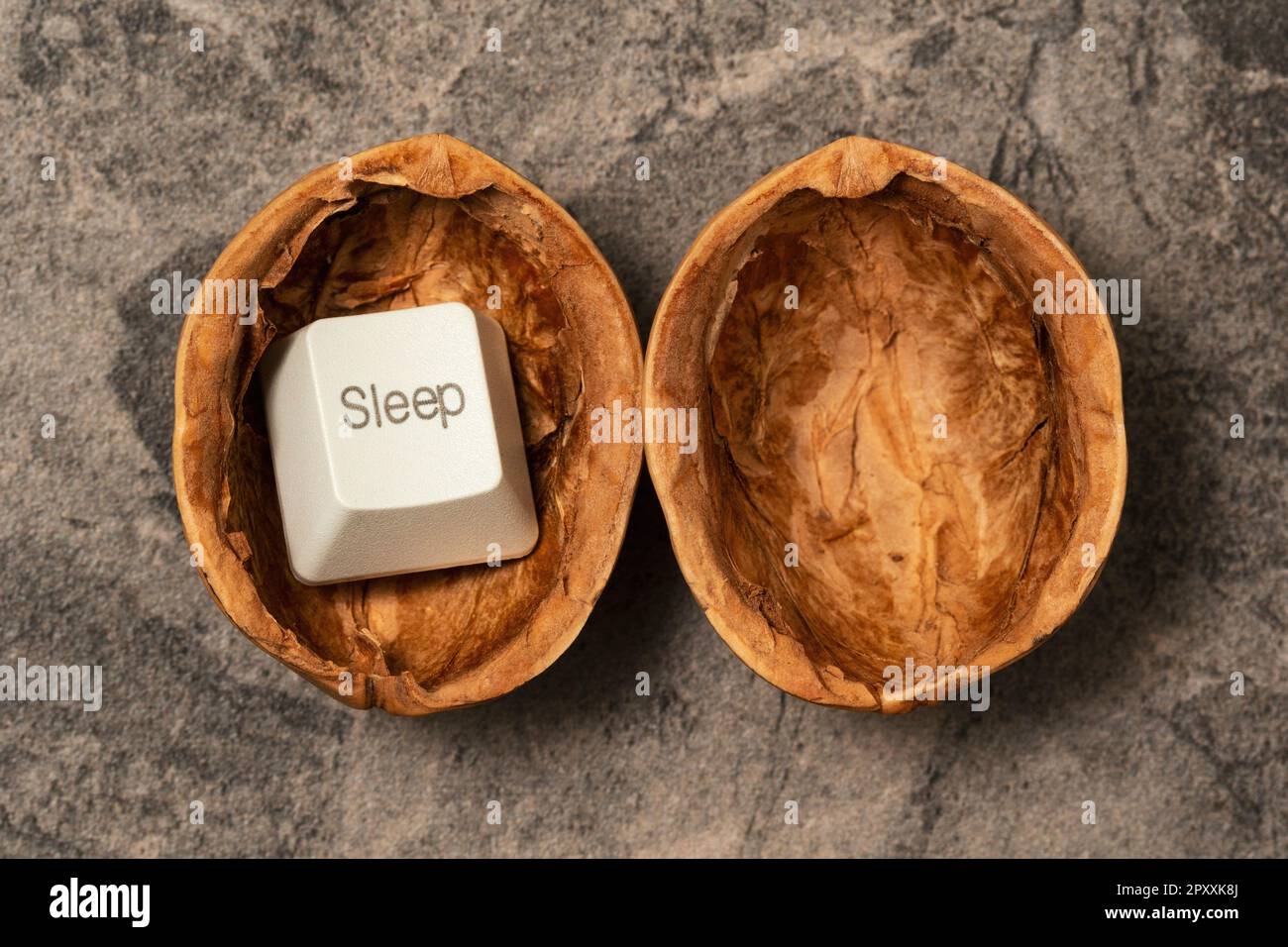 SLEEP computer button in a cracked walnut shell. Conceptual image. Stock Photo