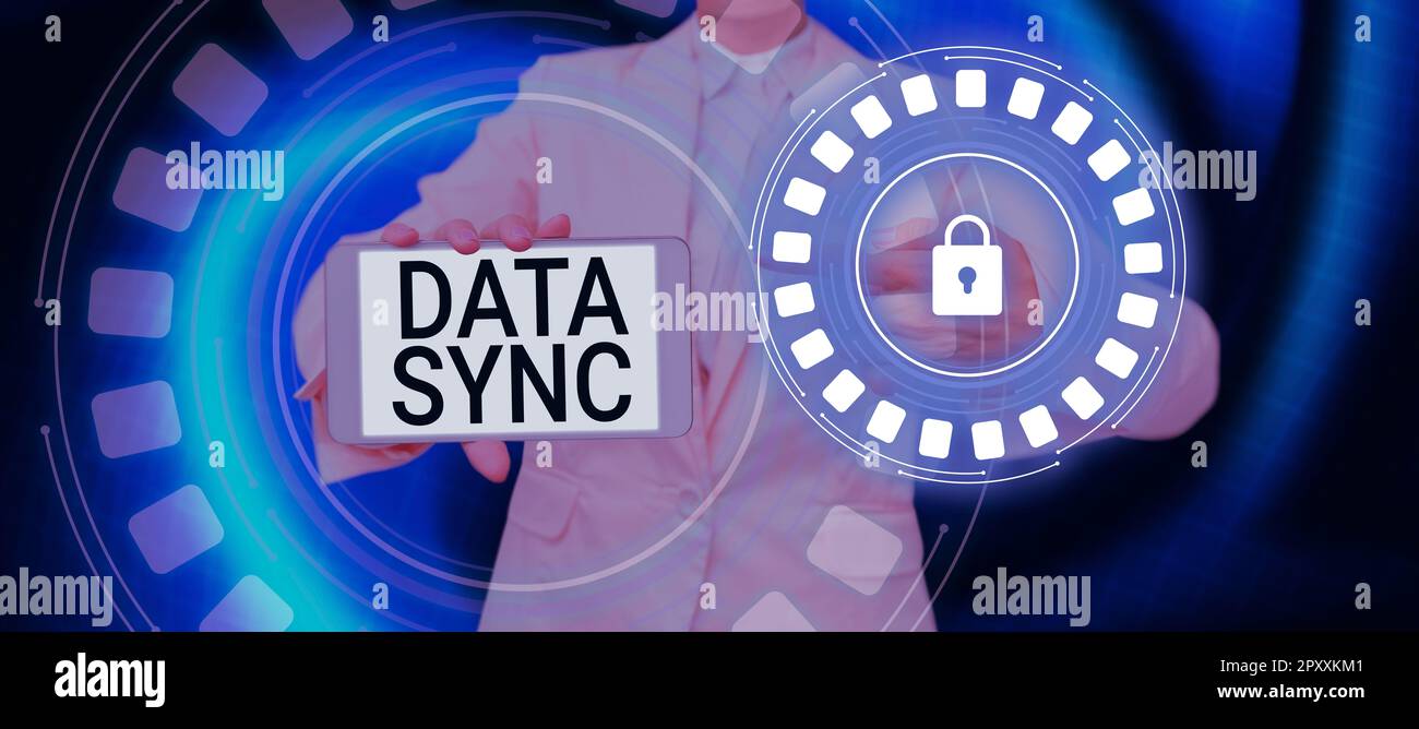 Conceptual caption Data Sync, Word for data that is continuously generated by different sources Stock Photo