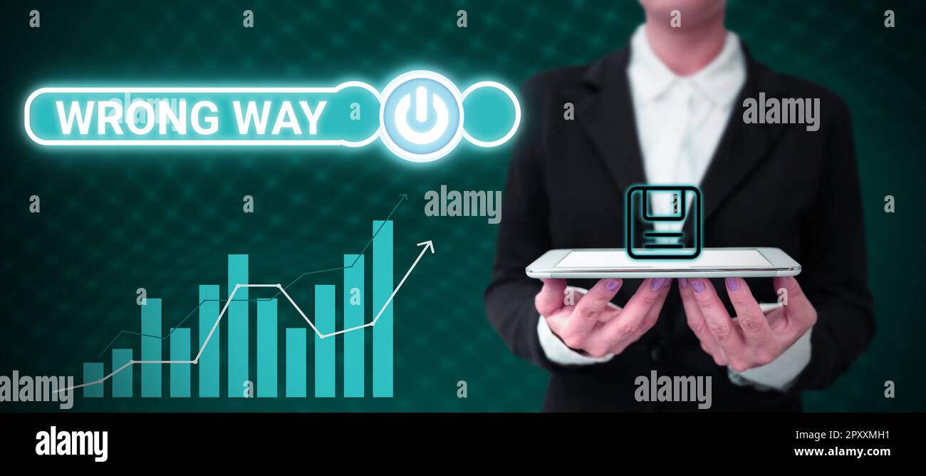 Text caption presenting Wrong Way, Concept meaning taking an unsuitable or undesirable manners or direction Stock Photo
