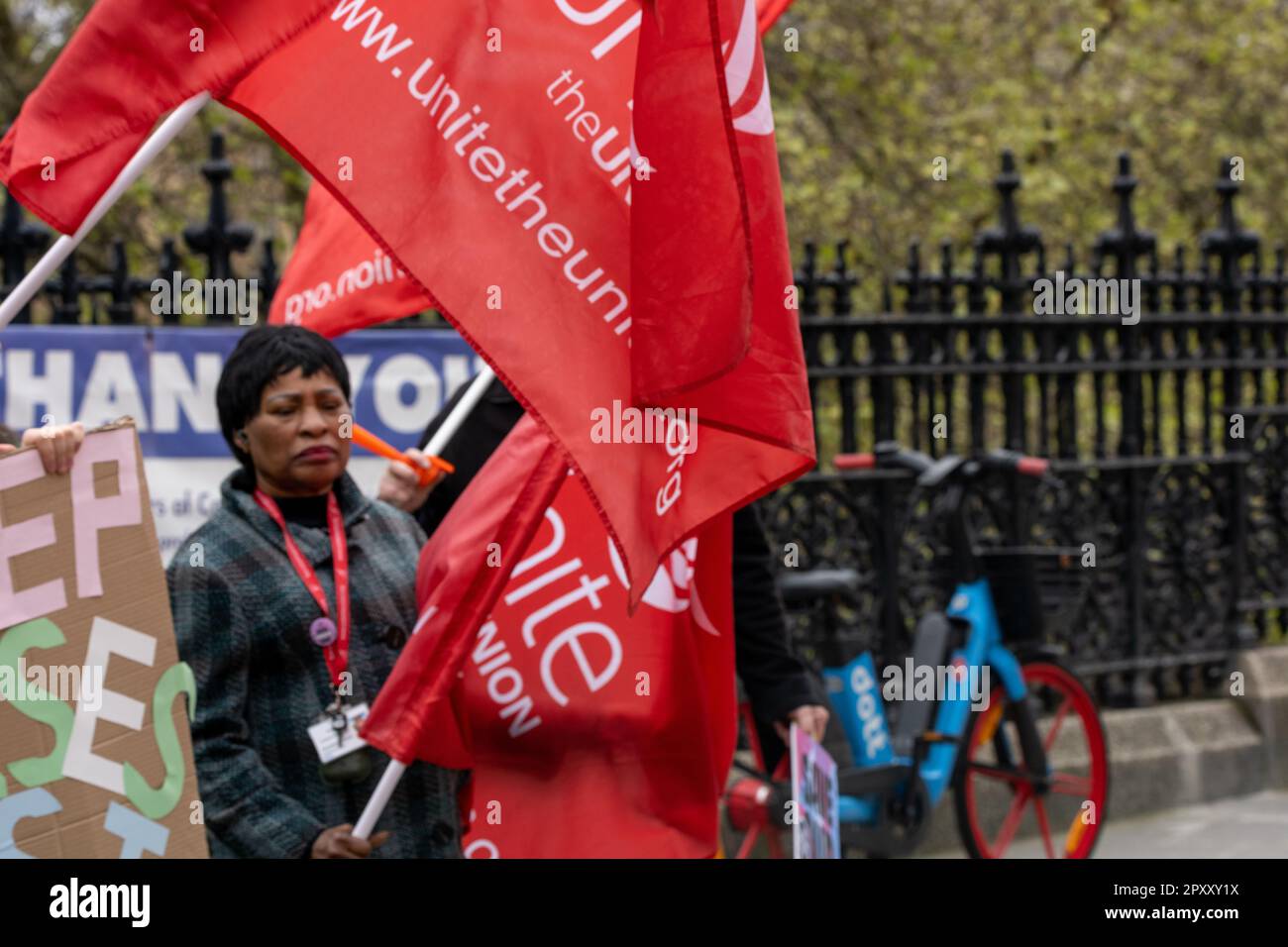London, UK. 2nd May, 2023. Unite the union picket line outside st