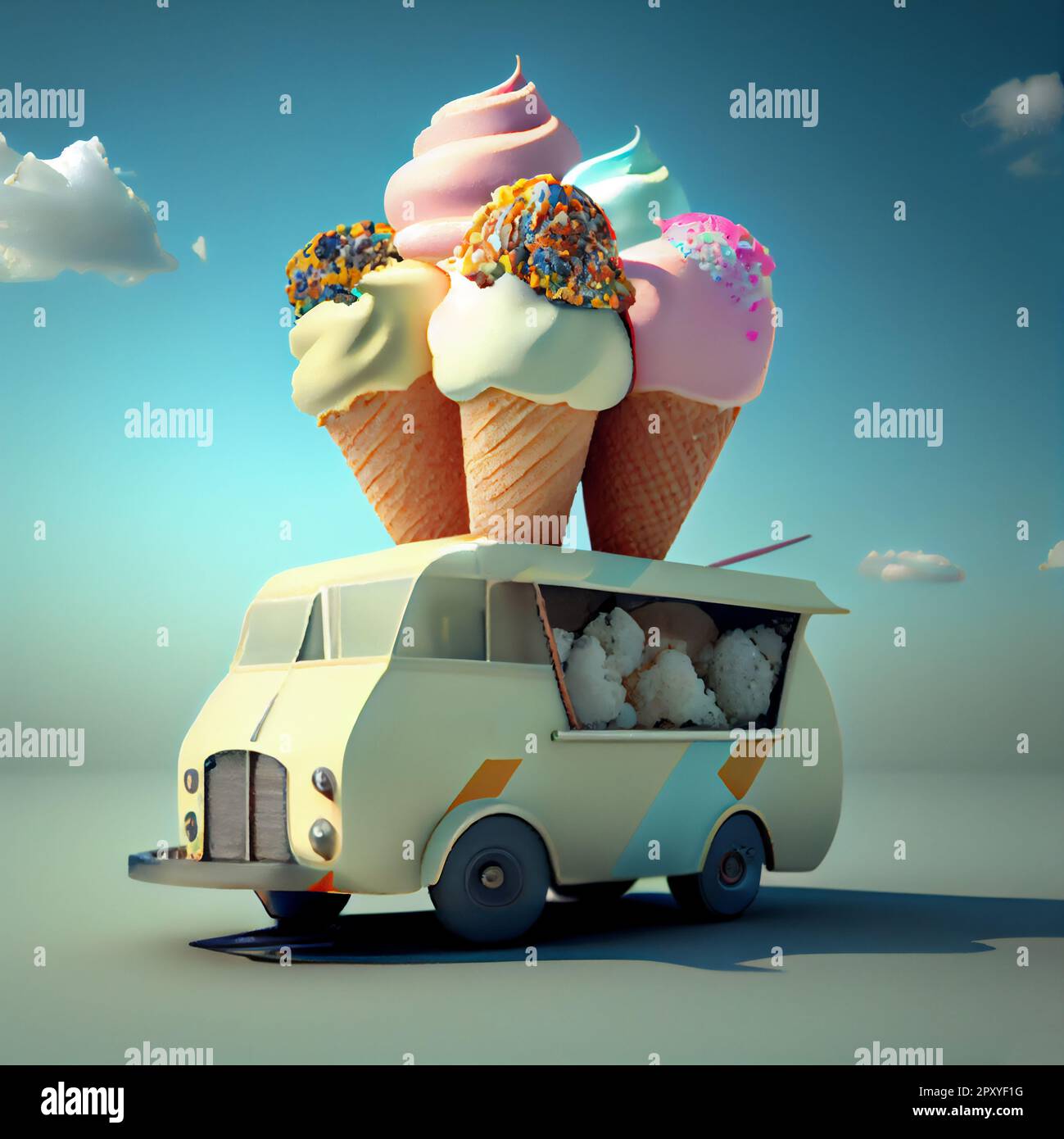 Ice cream truck, cones on the roof, 3D illustration art design Stock