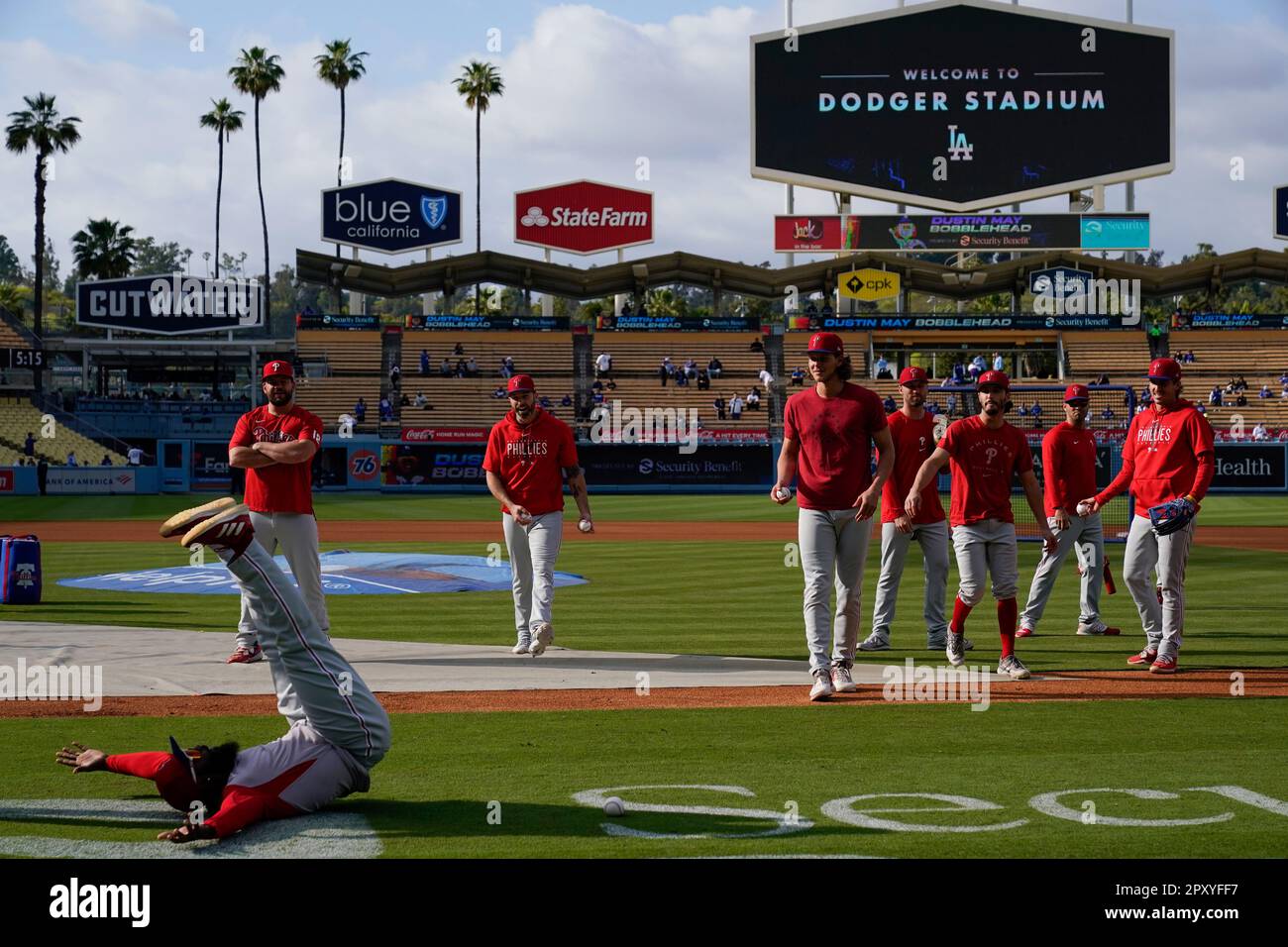 Philadelphia Phillies players participate in batting practice before a