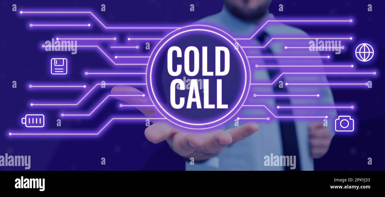 Conceptual caption Cold Call, Conceptual photo Unsolicited call made by someone trying to sell goods or services Stock Photo