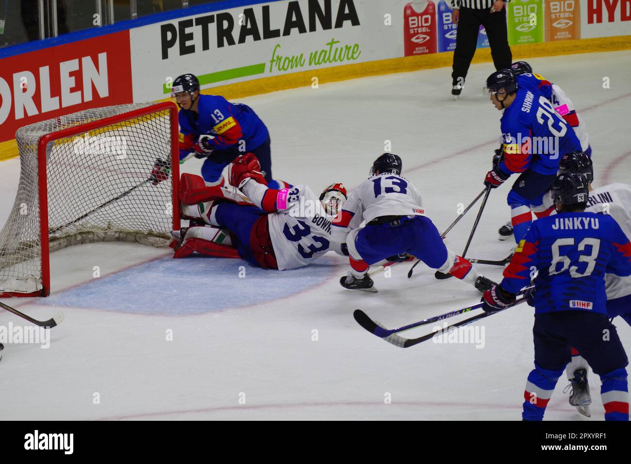 Nottingham, 29 April 2023. Action in front of the Great Britain goal during their game against Korea in the 2023 IIHF Ice Hockey World Championship, Division I, Group A tournament at the Motorpoint Arena, Nottingham. Credit: Colin Edwards Stock Photo