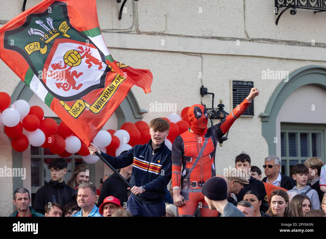 Wrexham, UK. 02nd May, 2023. A Wrexham AFC fan dressed as Deadpool
