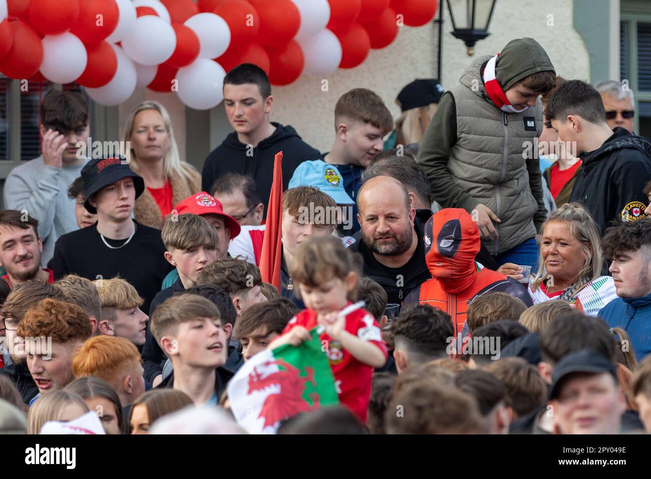 Wrexham, UK. 02nd May, 2023. A Wrexham AFC fan dressed as Deadpool