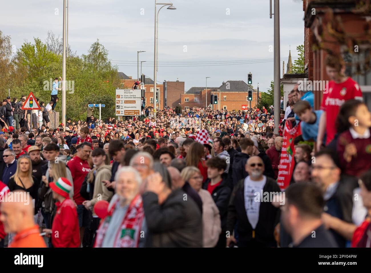 Wrexham, UK. 02nd May, 2023. Wrexham AFC fans gather during the Wrexham