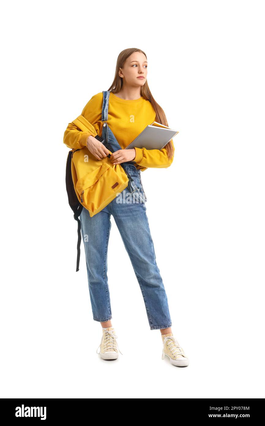 Female student with notebooks on white background Stock Photo - Alamy