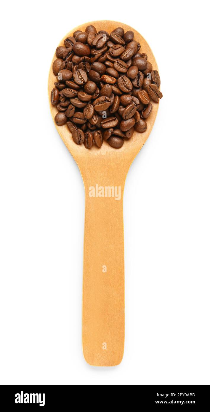 Wooden spoon with coffee beans isolated on white background Stock Photo ...
