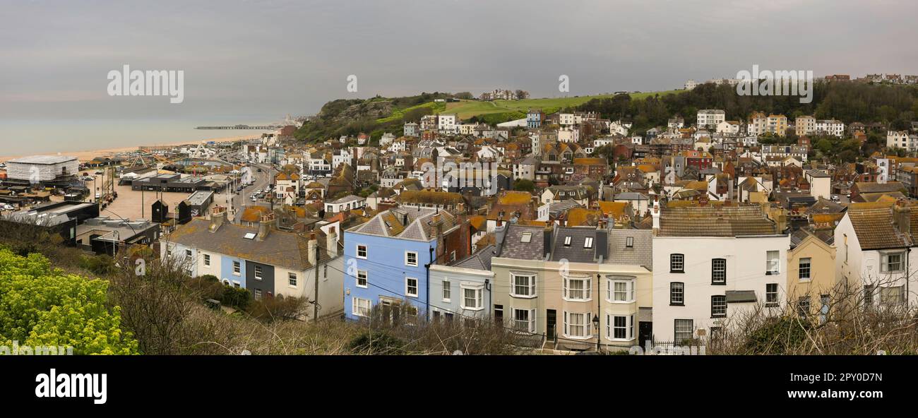 Editorial Hastings, UK April 27, 2023 A panoramic view of Hastings