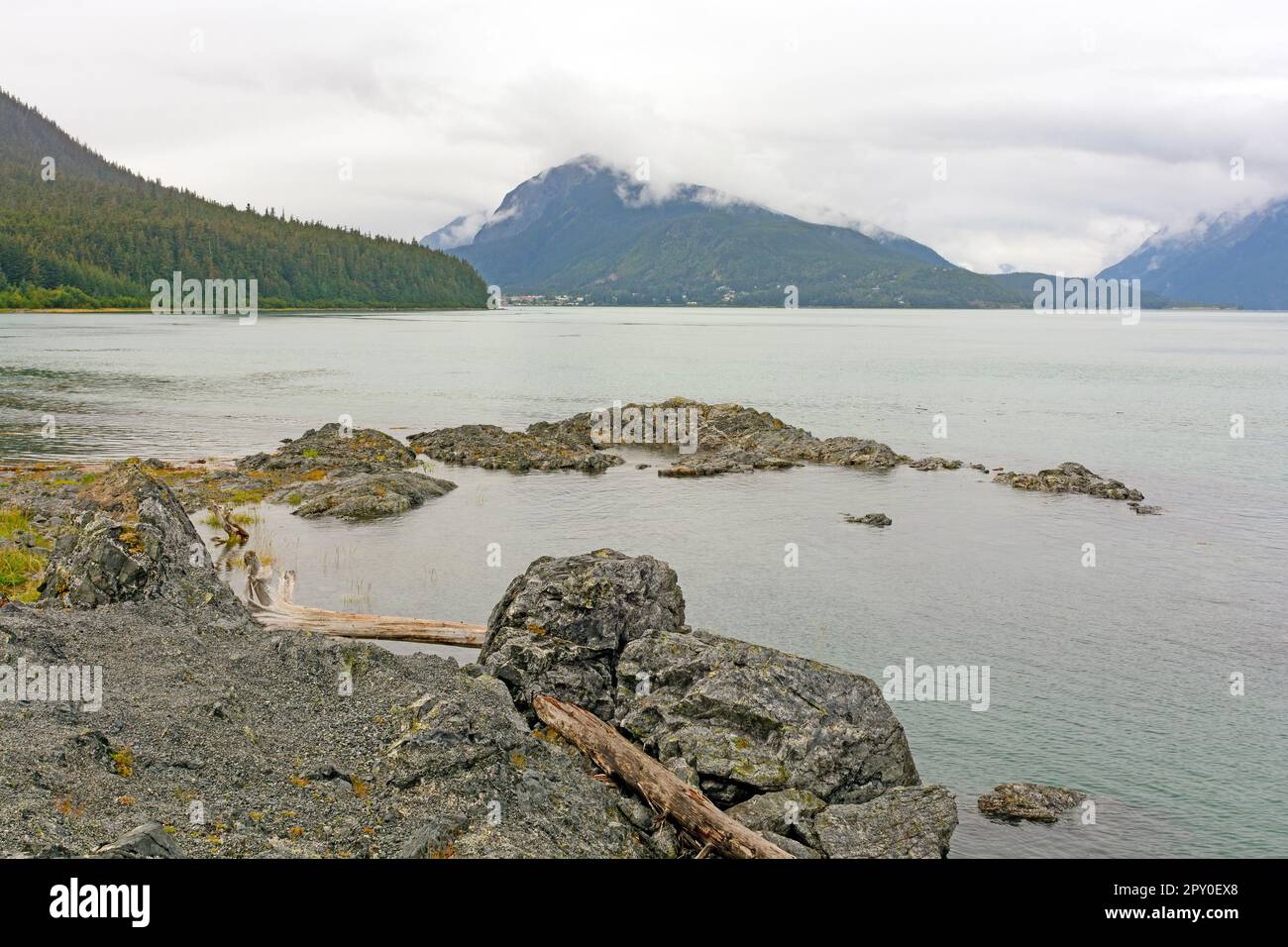 Misty Inlet in the Inside Passage Near Haines, Alaska Stock Photo