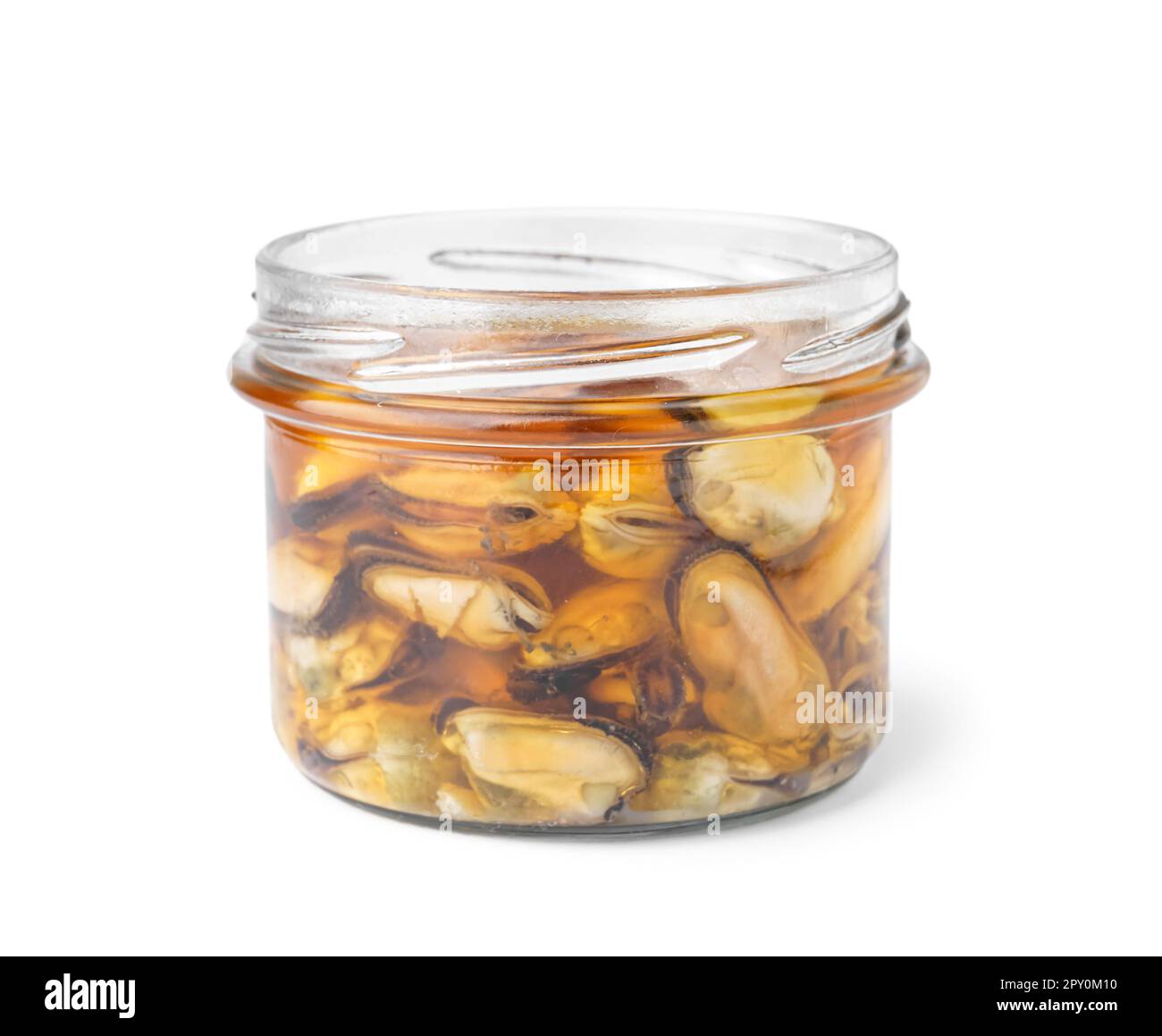 Marinated mussels in jar on white background Stock Photo Alamy