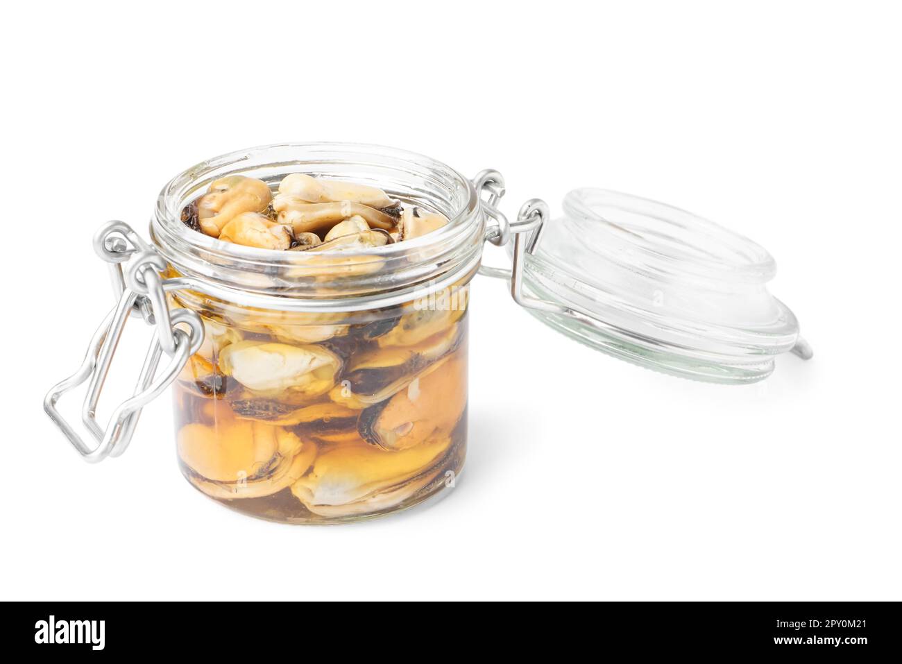 Marinated mussels in open jar on white background Stock Photo Alamy