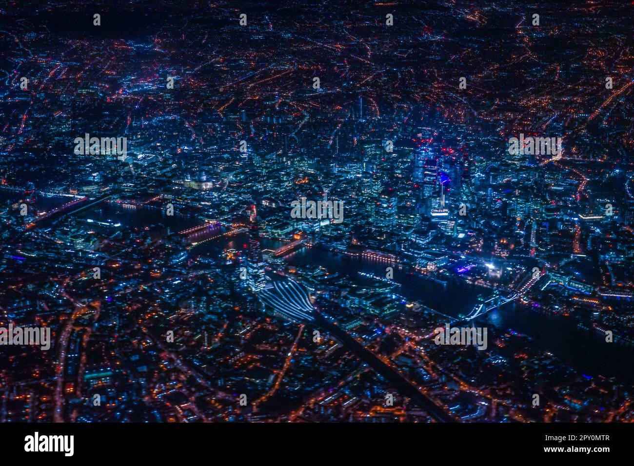 London night view as seen from an airplane. Shooting Location: United Kingdom, London Stock Photo