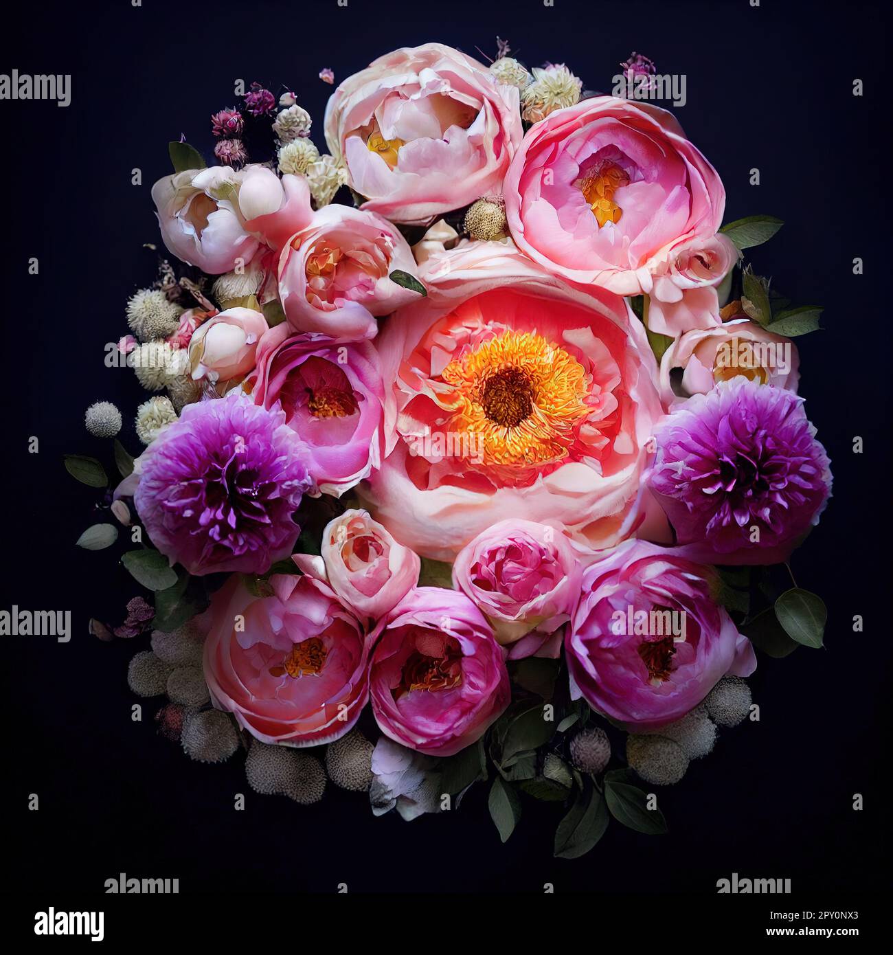This striking painting features an arrangement of vibrant purple roses ...