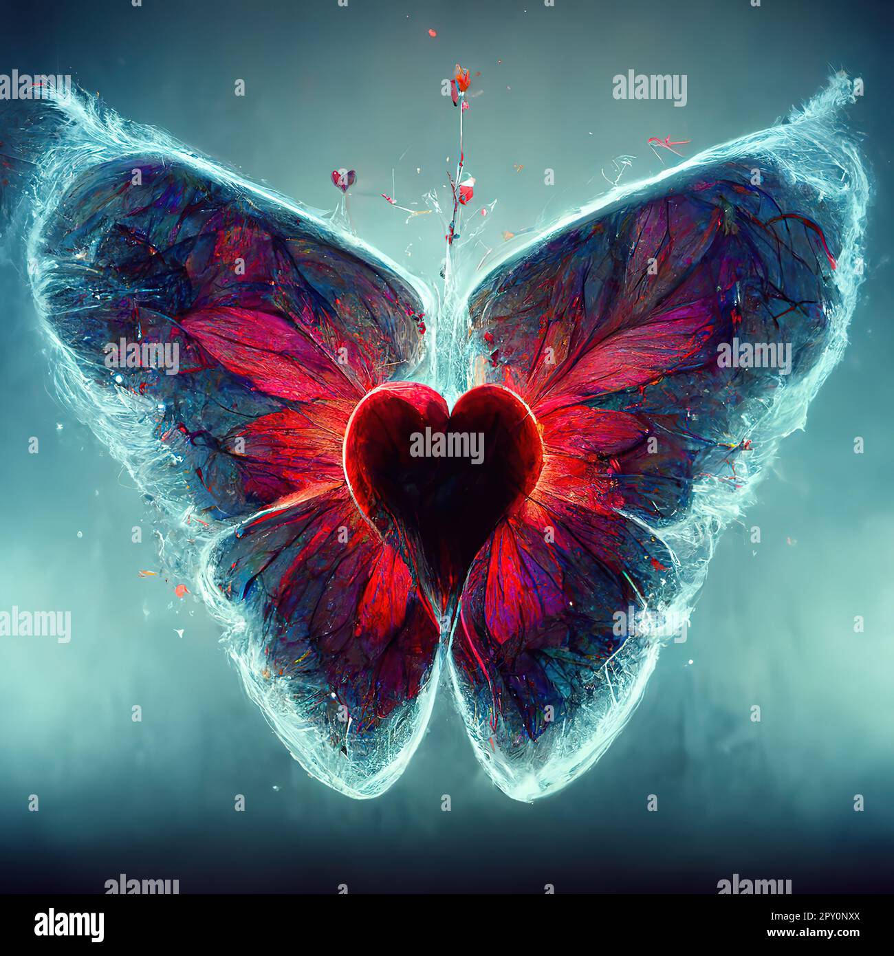 A vibrant butterfly embraces a delicate heart, symbolizing the beauty