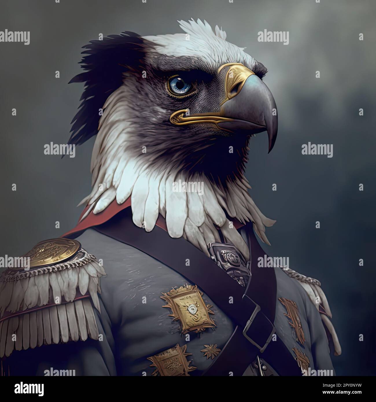 A powerful depiction of an eagle in full military attire, standing guard with unwavering determination. The intricate details of the feathers and unif Stock Photo