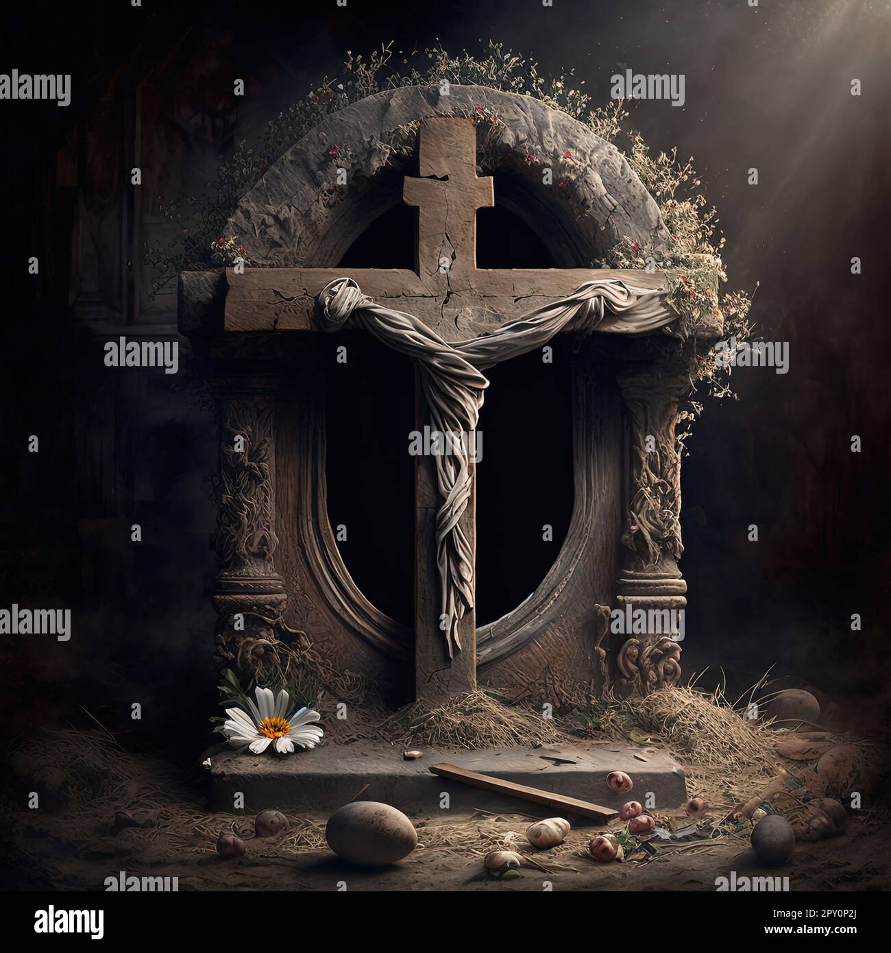 This striking painting depicts the solemn atmosphere of Good Friday