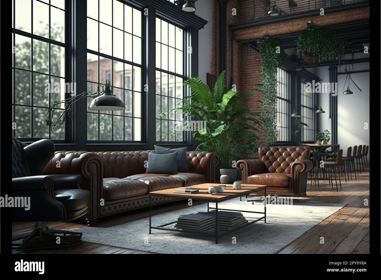 Living room interior in loft, industrial style, 3d render Stock Photo ...